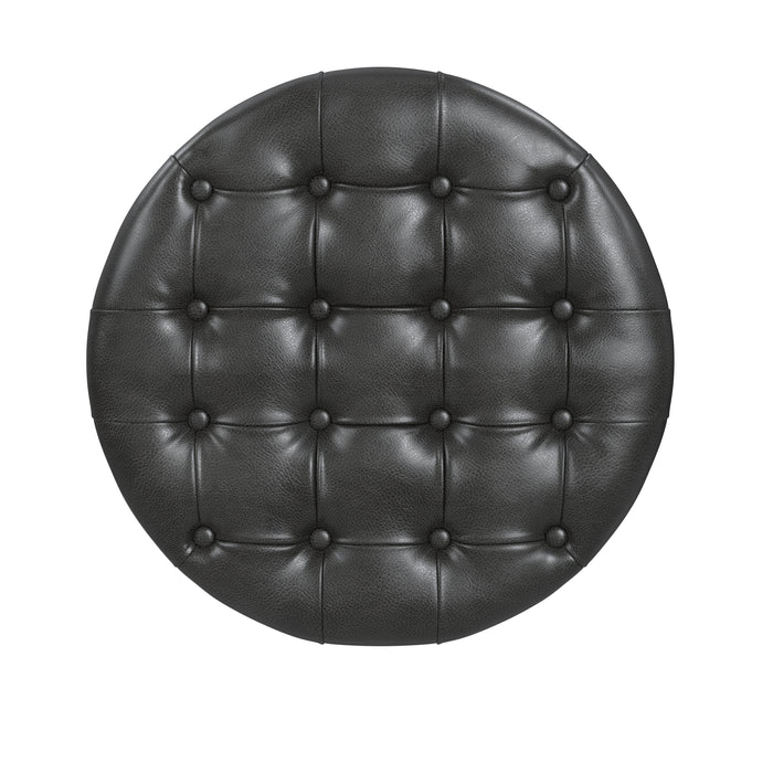 Large Tufted Round Storage Ottoman - Black Faux Leather