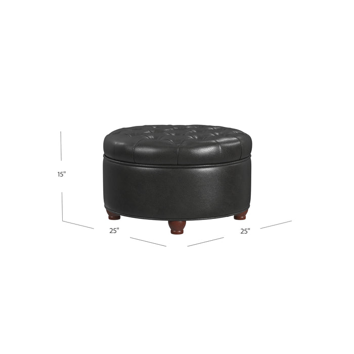 Large Tufted Round Storage Ottoman - Black Faux Leather