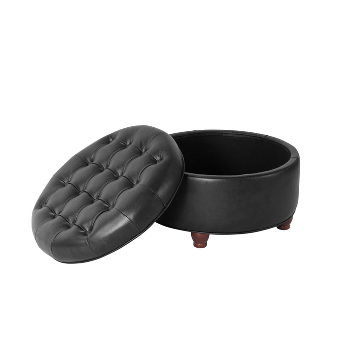 Large Tufted Round Storage Ottoman - Black Faux Leather