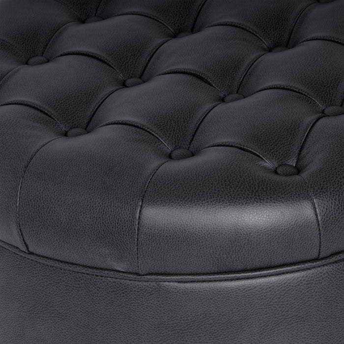 Large Tufted Round Storage Ottoman - Black Faux Leather