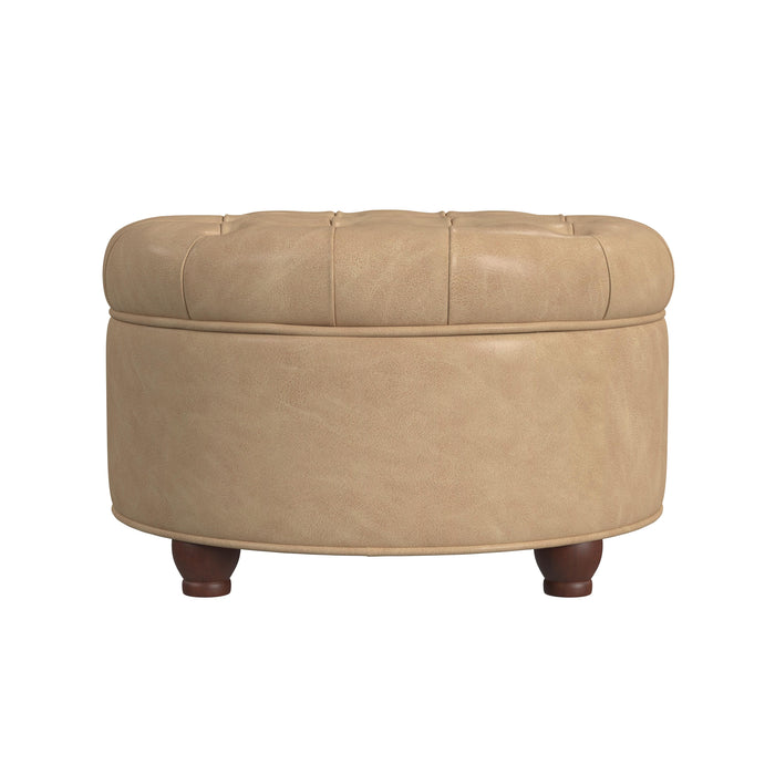 Large Tufted Round Storage Ottoman - Sand Faux Leather