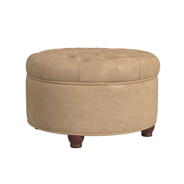 Large Tufted Round Storage Ottoman - Sand Faux Leather