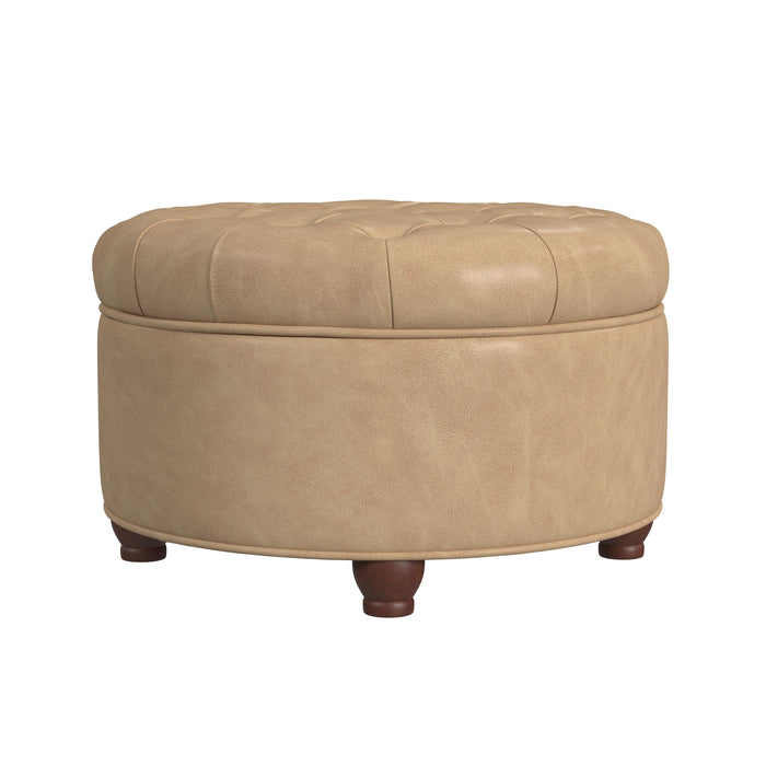 Large Tufted Round Storage Ottoman - Sand Faux Leather