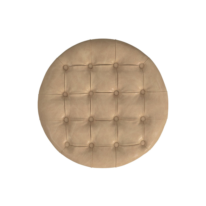 Large Tufted Round Storage Ottoman - Sand Faux Leather