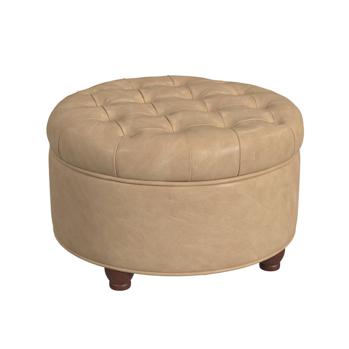 Large Tufted Round Storage Ottoman - Sand Faux Leather