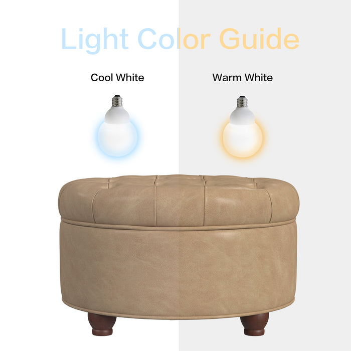 Large Tufted Round Storage Ottoman - Sand Faux Leather
