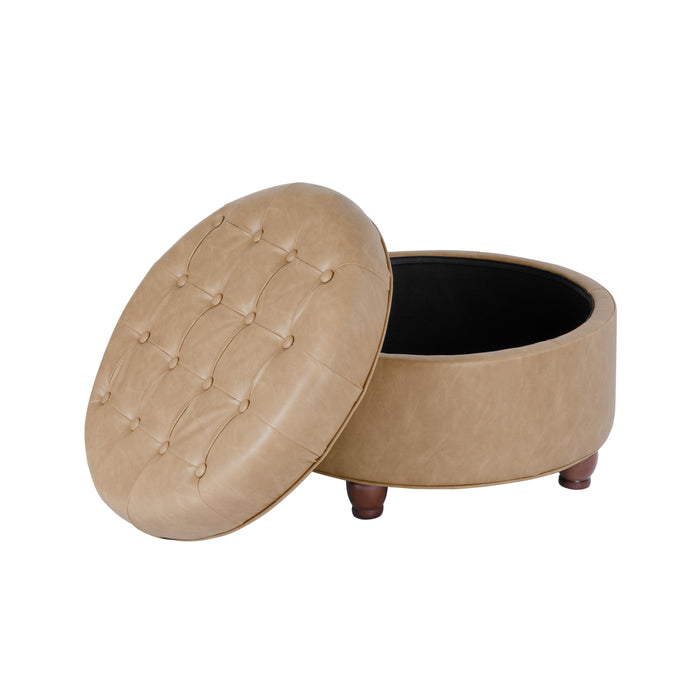 Large Tufted Round Storage Ottoman - Sand Faux Leather