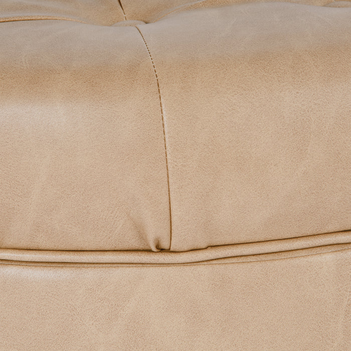 Large Tufted Round Storage Ottoman - Sand Faux Leather