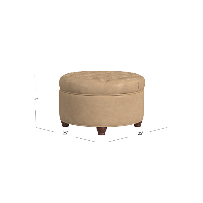 Large Tufted Round Storage Ottoman - Sand Faux Leather