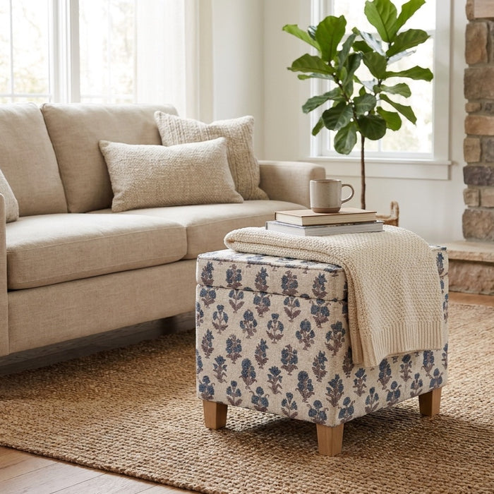 HomePop Square Tufted Storage Ottoman - Blue Floral Pattern