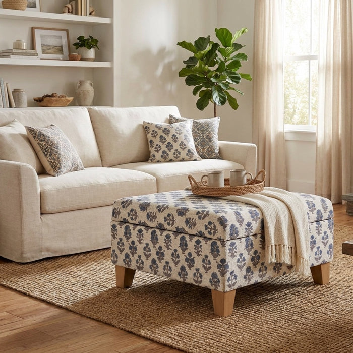 HomePop Harper Luxury Large Storage Ottoman - Blue Floral Pattern