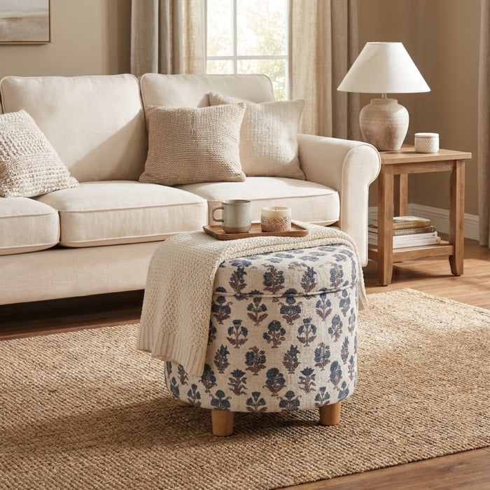 HomePop Round Storage Ottoman - Blue Floral Pattern