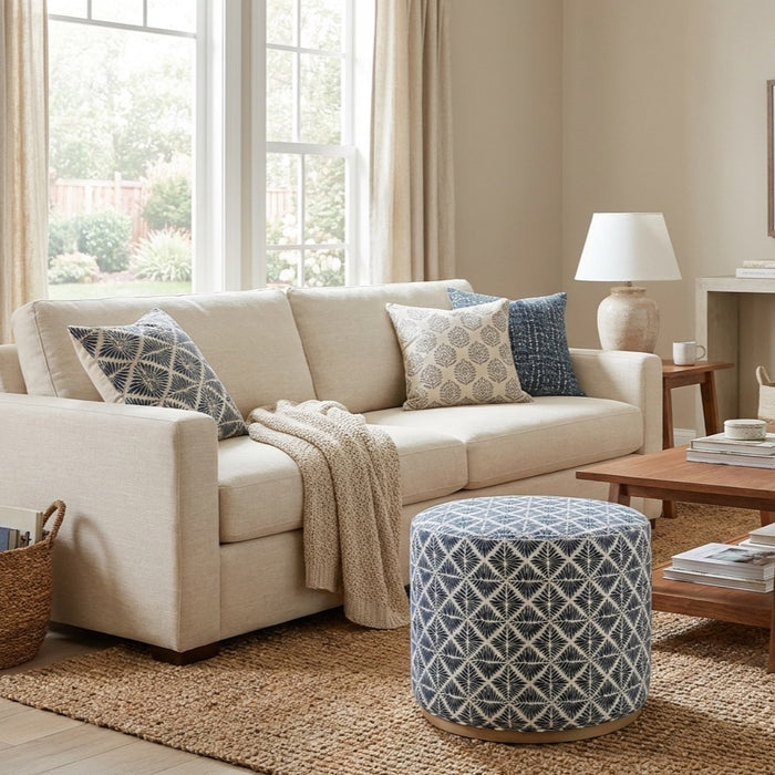 HomePop Cloud Ottoman with Wood Base - Blue Geometric Pattern