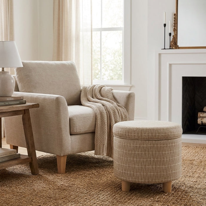 HomePop Round Storage Ottoman - Tan Geometric Pattern
