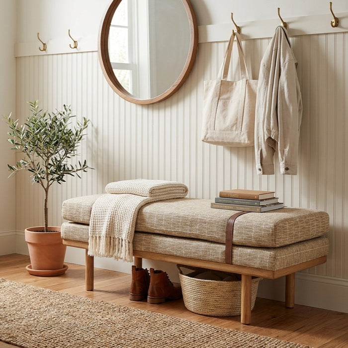 HomePop Upholstered Bench with Wood Base - Tan Geometric Pattern