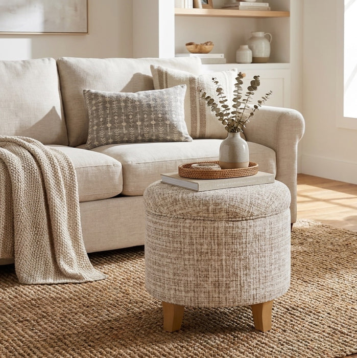 HomePop Round Storage Ottoman - Cream Textural Woven