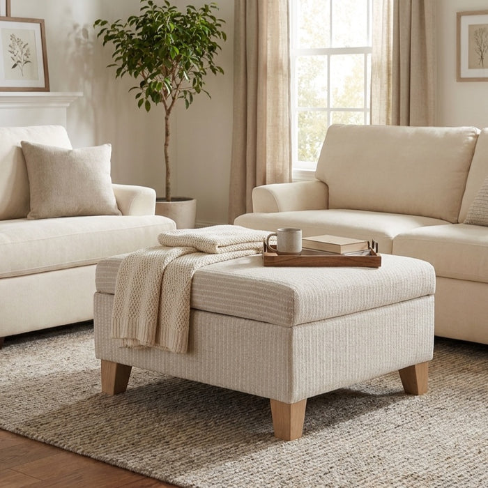 HomePop Harper Luxury Large Storage Ottoman - White Woven Stripe