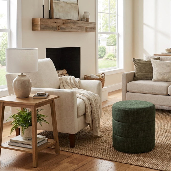 HomePop Upholstered Round Ottoman - Green Woven Fabric