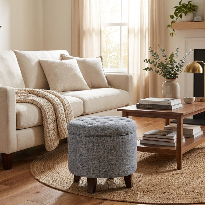 HomePop Round Storage Ottoman - Blue Gray Woven Fabric