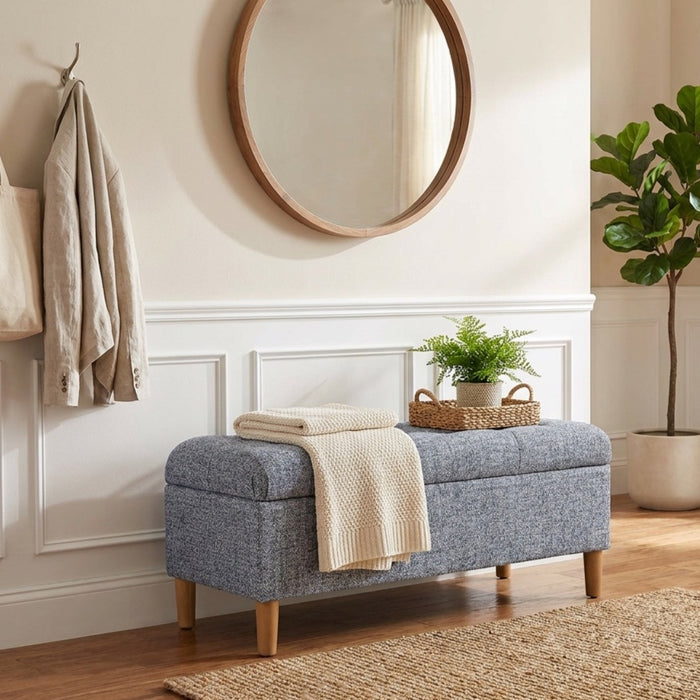 HomePop Button Tufted Storage Bench with Cone wood legs - Blue Gray Woven Fabric