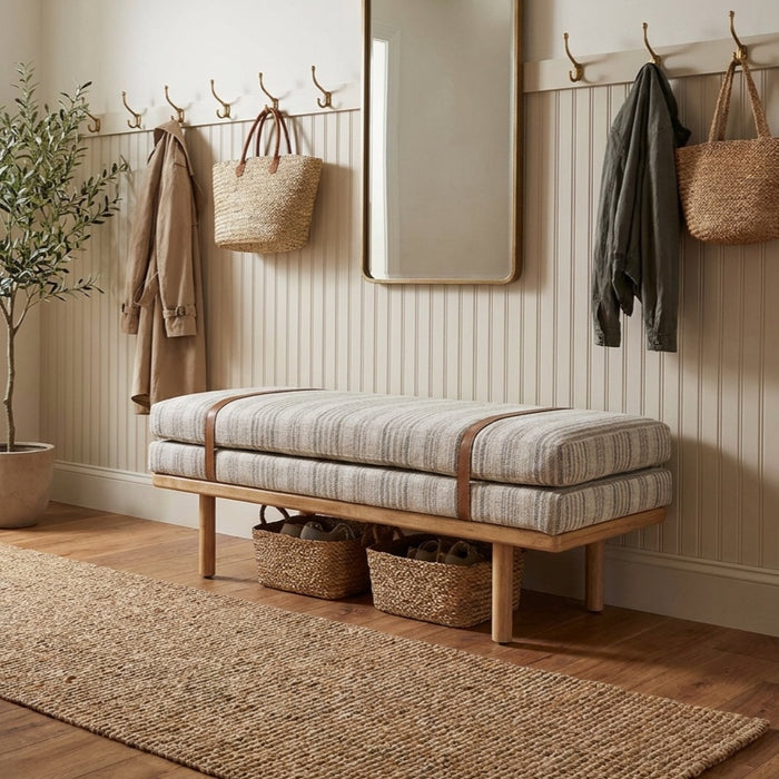 HomePop Upholstered Bench with Wood Base - Gray Striped Pattern