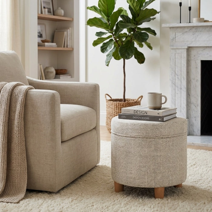 HomePop Round Storage Ottoman - Cream Chevron Woven