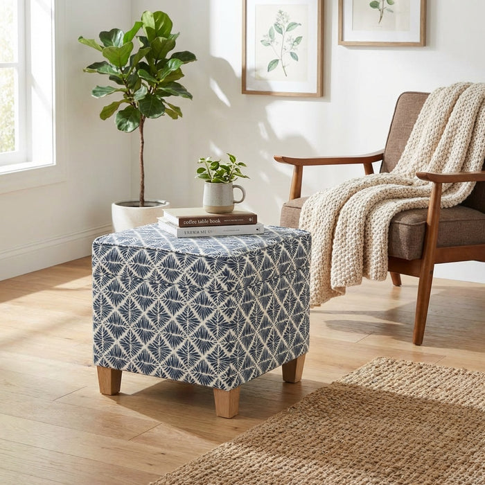HomePop Square Ottoman with Lift Off Top - Blue Geometric Pattern