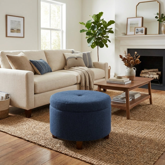 HomePop Large Round Storage Ottoman - Blue Woven Fabric
