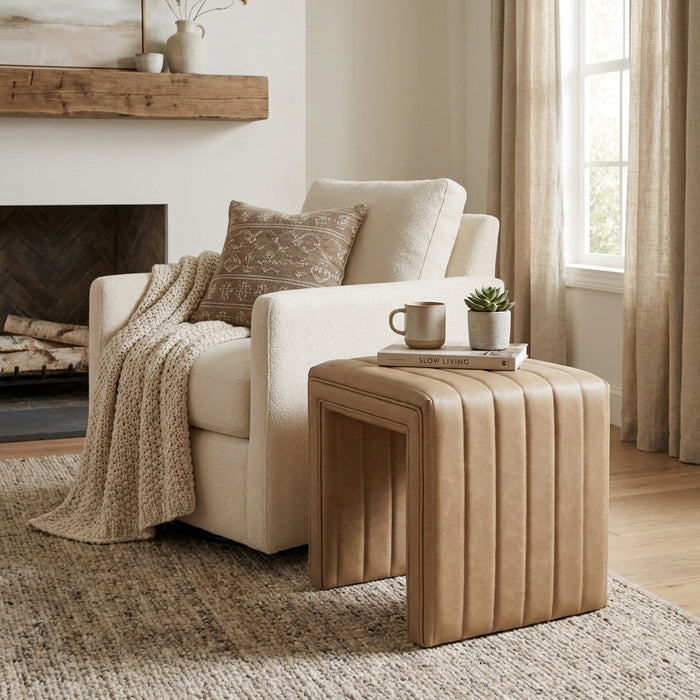 HomePop Modern Channel Ottoman - Sand Faux Leather