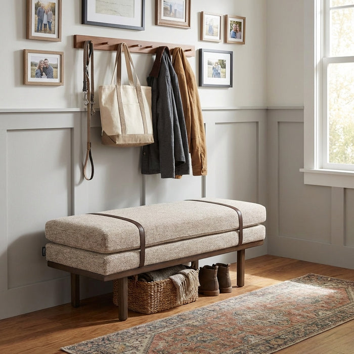 HomePop upholstered Bench with Wood Base - Midtone Gray Fabric