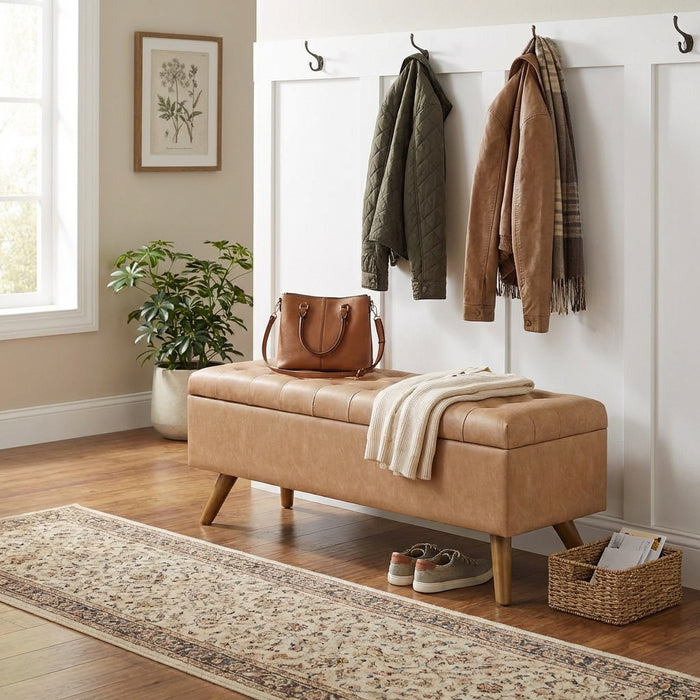 HomePop Modern Tufted Storage Bench - Sand Faux Leather