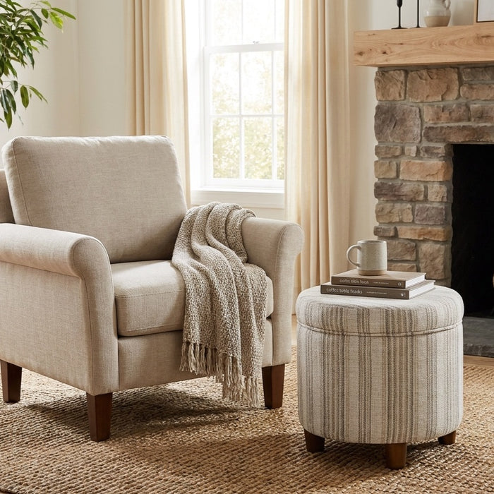 HomePop Round Storage Ottoman - Gray Striped Pattern