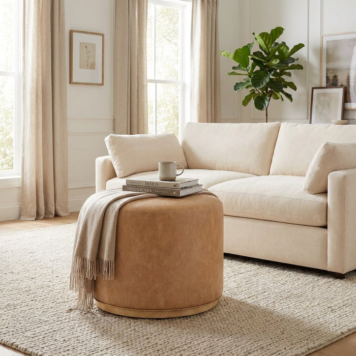 HomePop Drift Ottoman with Wood Base - Sand Faux Leather