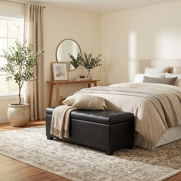 HomePop Large Tufted Storage Bench - Black Faux Leather