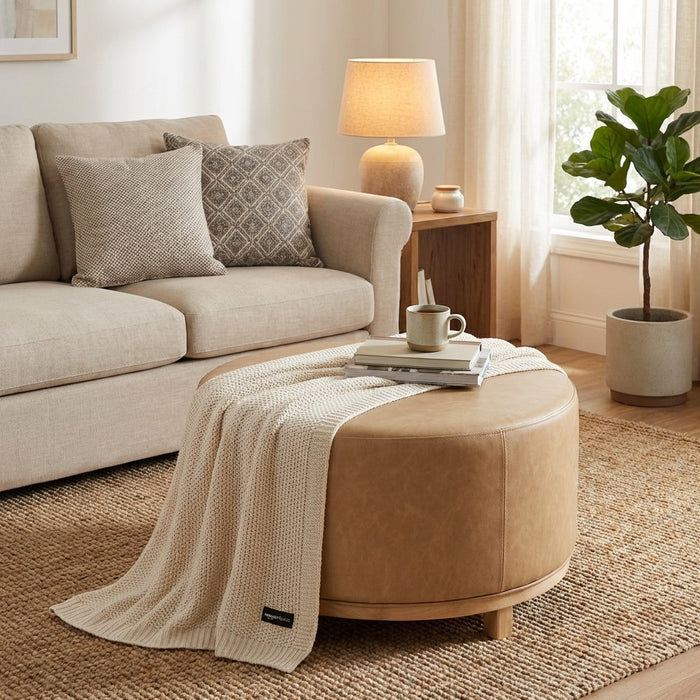 HomePop Haven Ottoman with Wood Base - Sand Faux Leather