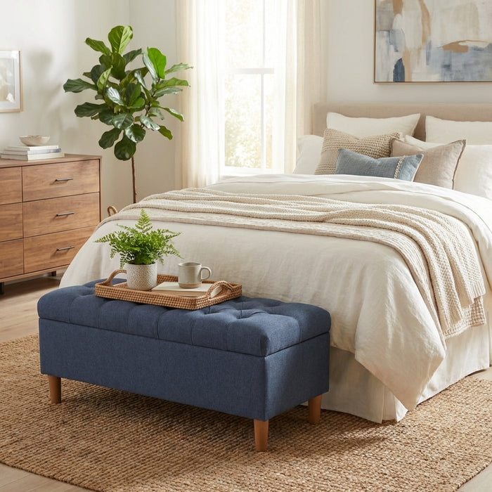 HomePop Button Tufted Storage Bench with Cone wood legs - Blue Woven Fabric