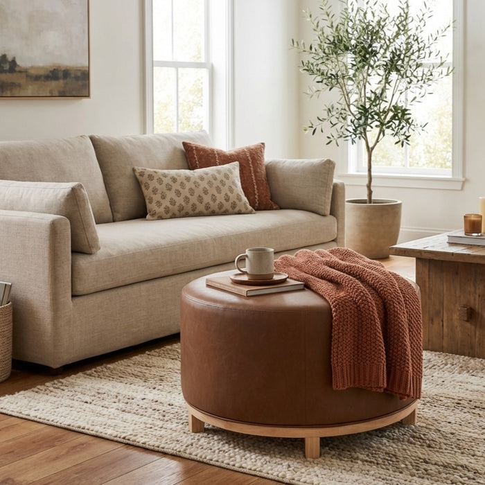 HomePop Haven Ottoman with Wood Base -  Chestnut Brown Faux Leather