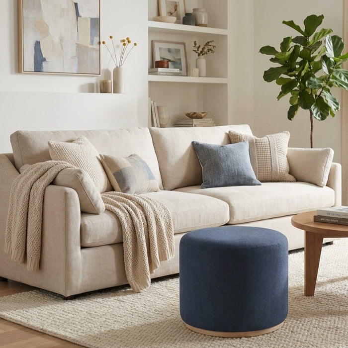 HomePop Drift Ottoman with Wood Base - Blue Woven Fabric