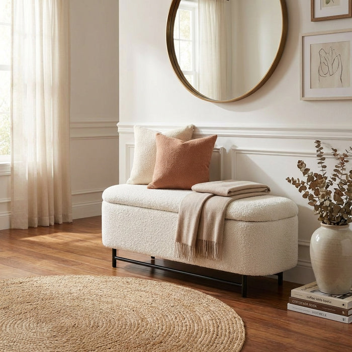 HomePop Ellipse Storage Bench - Cream Boucle