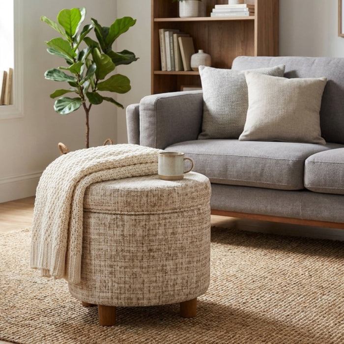 HomePop Round Storage Ottoman - Cream Textural Woven
