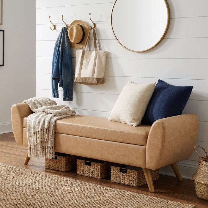 HomePop Modern Storage Bench - Sand Faux Leather