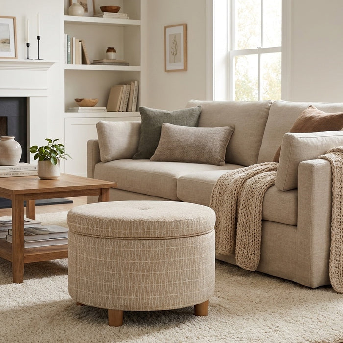 HomePop Large Round Storage Ottoman - Tan Geometric Pattern