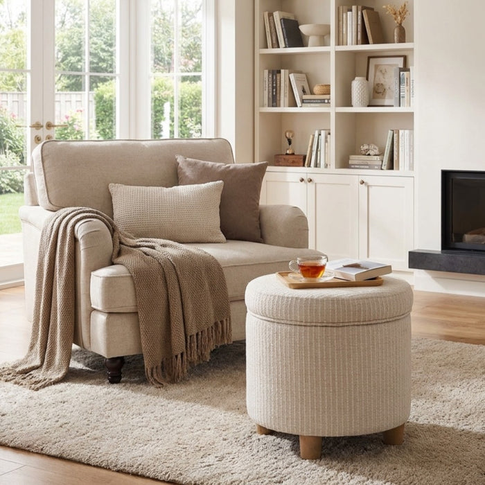 HomePop Round Storage Ottoman - White Woven Stripe