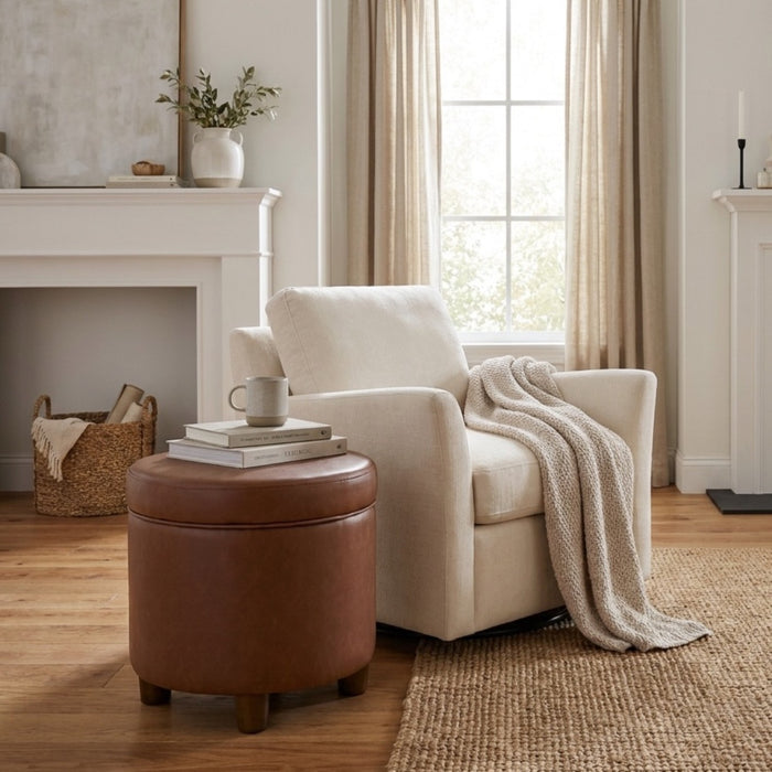 HomePop Round Storage Ottoman - Chestnut Brown Faux Leather