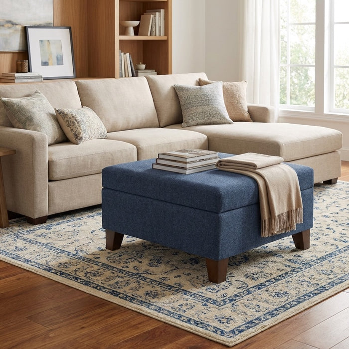 HomePop Luxury Large Storage Ottoman - Blue Woven Fabric