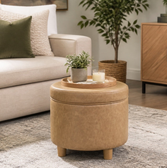 HomePop Round Storage Ottoman - Sand Faux Leather
