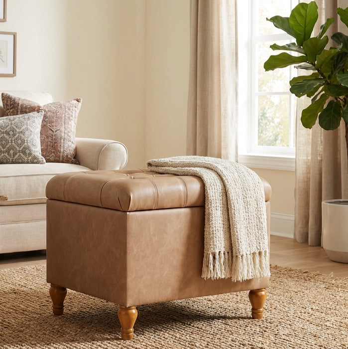 HomePop Medium Tufted Storage Ottoman - Sand Faux Leather