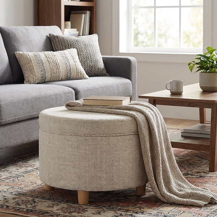 HomePop Large Round Storage Ottoman - Cream Chevron Woven