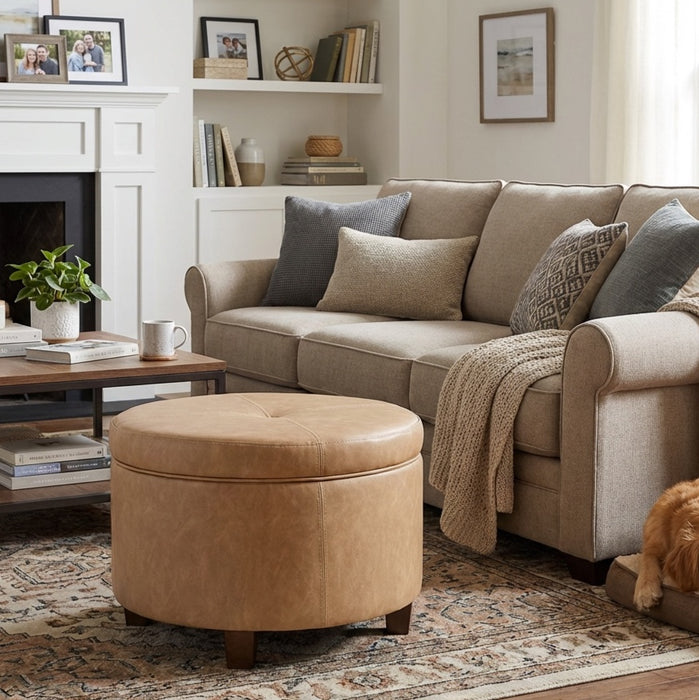 HomePop Large Round Storage Ottoman - Sand Faux Leather