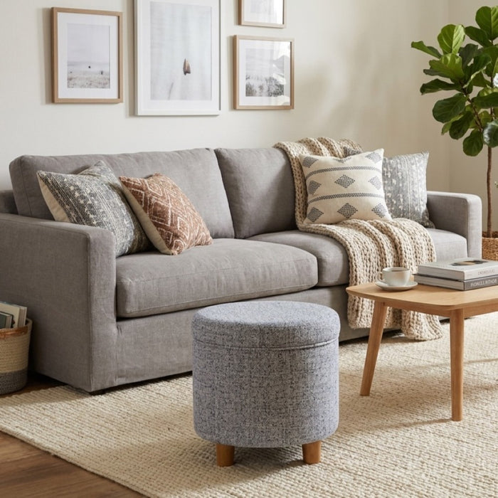 HomePop Round Storage Ottoman - Blue Gray Woven Fabric